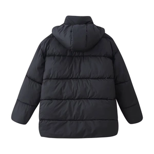 Rear view of a black hooded winter parka featuring horizontal quilted stitching and padding
