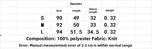 Detailed size chart for short sleeve jacquard knit sweater in S, M, and L sizes