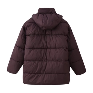 Rear view of deep purple oversized hooded puffer jacket with horizontal quilting and insulation