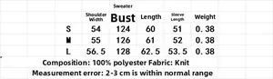 Detailed size chart for V-neck long sleeve knit sweater with 100% polyester fabric info