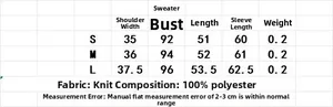 Detailed size chart for diamond knit polo sweater with measurements for S, M, and L sizes