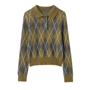 Women Retro Argyle Knit Polo Sweater Long Sleeve Button Front Collared Pullover Autumn Winter Preppy Style Knit Jumper Top