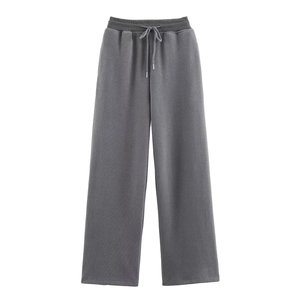 Women's dark gray ribbed sweatpants with drawstring elastic waist and wide leg cut
