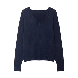 Detailed view of the ribbed cuffs and V-neckline on a navy blue fine knit sweater