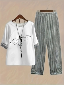 Detail of dragonfly print and striped patchwork on a white casual two-piece summer set