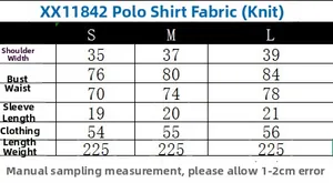 Detailed size chart for slim fit knit polo shirt showing measurements in centimeters
