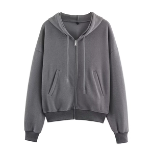 Deep grey ribbed cotton zip-up hoodie with adjustable drawstring and front pockets