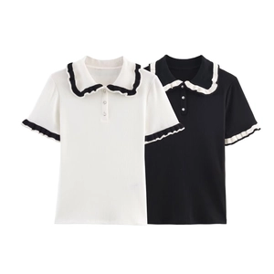 Detail of knit polo shirts showing ruffled collars and ribbed texture in black and white