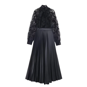 Women Elegant Lace Patchwork Pleated Maxi Dress Vintage Bow Tie Lantern Sleeve High Waist A-Line Long Dress For Party Gown