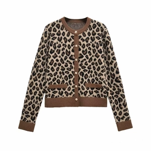 Damen Retro Leopard Print Strickjacke Rundhals Einreihig Langarm Schlanke Passform Herbst Winter Pullover Mode Jacke