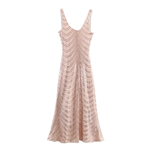 Robe longue élégante à paillettes dorées champagne avec col en V et coupe ajustée