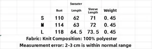 Detailed size chart for vintage knit sweater showing bust length and sleeve dimensions