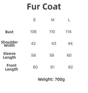 Size chart for women's elegant faux fur coat showing bust, shoulder, and sleeve details
