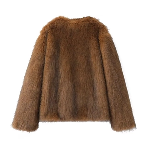 Detail view of the back of a deep brown faux fur coat with high-shine long-hair texture