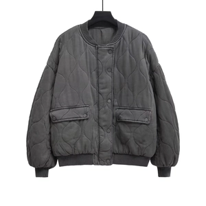 Deep grey quilted bomber jacket with classic onion stitching and snap button closure