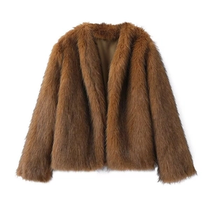 Elegant oversized brown faux fur coat with a collarless open-front design for winter