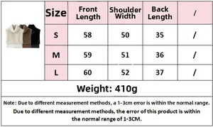 Detailed size chart for faux fur high collar vest including length and shoulder width