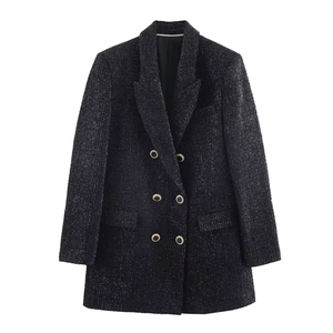 Women Fashion Double Breasted Metallic Thread Tweed Blazer Jacket Elegant Black Gold Button Long Sleeve Suit Jacket Outerwear