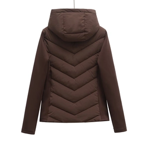 Detailed back view of dark brown padded jacket with V-shaped quilting and hood