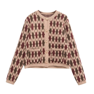 Detail of argyle knit cardigan with vintage gold buttons and symmetrical front pockets