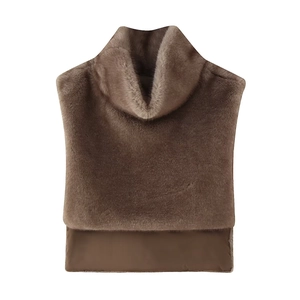 Detail of high neck faux fur shawl in dark brown with soft plush texture