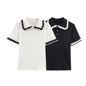 Women's Preppy Sweet Knitted Polo T-Shirt Contrast Ruffle Collar Short Sleeve Slim Ribbed Top With Rhinestone Buttons