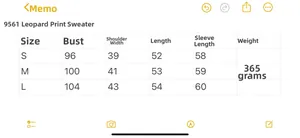 Detailed size chart for women's leopard print knit sweater showing S, M, L measurements