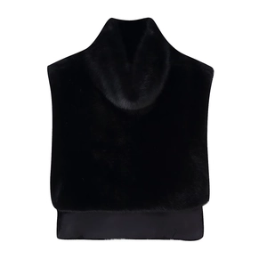 Detail view of thick black faux fur collar with a smooth satin lining and high-neck design