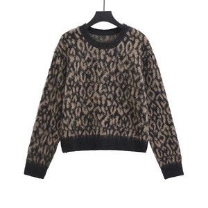 Women's Leopard Print Knit Sweater Casual Long Sleeve Round Neck Pullover Streetwear Fashion Knitwear Top