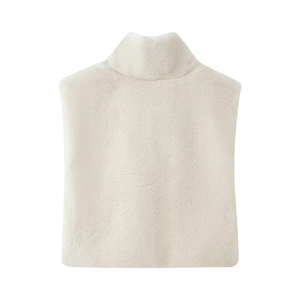Detailed view of plush cream faux fur high-neck shoulder cape with soft texture
