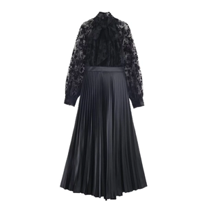 Elegant black lace long sleeve dress with floral embroidery and pleated satin skirt