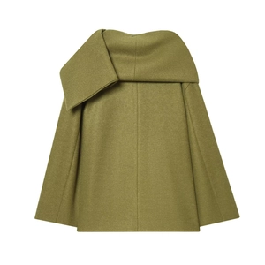 Macro shot of olive green wool blend coat featuring premium texture and scarf-collar details