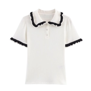 Slim fit white ribbed knit T-shirt with ruffled Peter Pan collar and rhinestone buttons