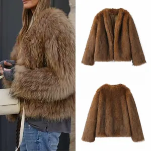 Women Elegant Faux Fur Coat Winter Warm Jacket Long Sleeve V Neck Open Front Loose Fit Solid Color Fashion Outerwear