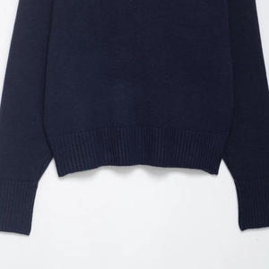 Detail of ribbed hem and cuffs on the soft navy blue long sleeve knitted sweater