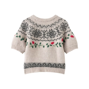 Short sleeve knit sweater with Fair Isle geometric pattern and floral embroidery details
