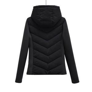 Back view of slim fit black hooded jacket featuring V-shaped quilting and spliced sleeves