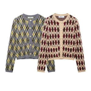 Women's Vintage Argyle Knit Cardigan Round Neck Single Breasted Metal Button Sweater Jacket Long Sleeve Preppy Casual Outerwear
