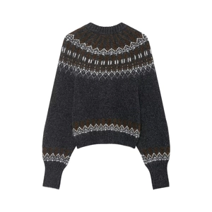 Detail of grey Fair Isle knit sweater showing snowflake patterns on collar and cuffs