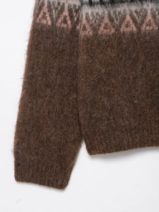 Close-up of fluffy mohair texture with pink and brown jacquard knit pattern on sweater
