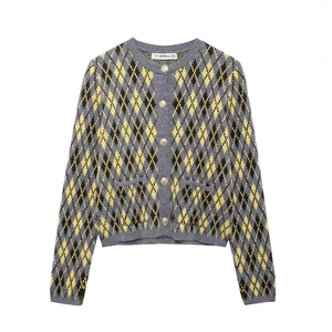 Women's argyle knit cardigan with round neck and gold buttons in grey yellow and black