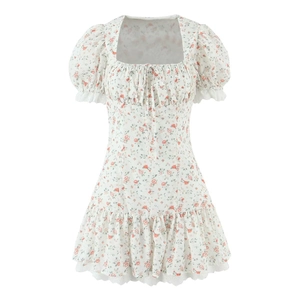 French Style Floral Mini Dress Square Neck Puff Sleeve Lace Splicing A-Line Short Dress For Women Elegant Summer Outfit