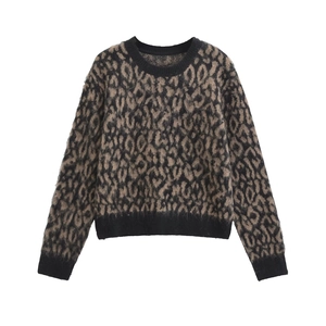 Detailed view of women's leopard print knit sweater with black ribbed collar and cuffs