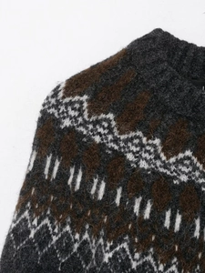 Detail of mohair knit sweater showing vintage Fair Isle jacquard pattern and ribbed collar