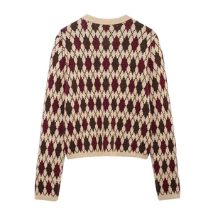 Vintage argyle knit cardigan with button-down front in burgundy and green tones