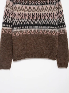 Close-up of Fair Isle knit sweater hem with warm geometric patterns and ribbed edges