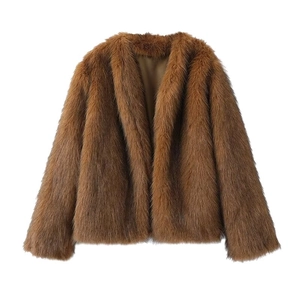 Elegant dark brown faux fur coat with thick plush texture and long sleeves for winter