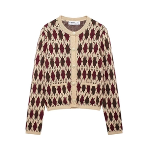 British style argyle knit cardigan with gold buttons and vintage diamond pattern