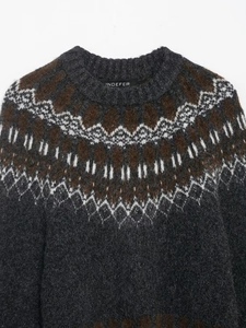 Close-up of the vintage jacquard knit pattern and soft wool texture on a grey winter sweater