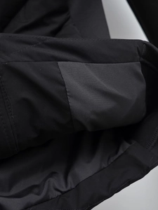 Macro shot of durable matte black fabric interior pocket and neat stitching on winter jacket